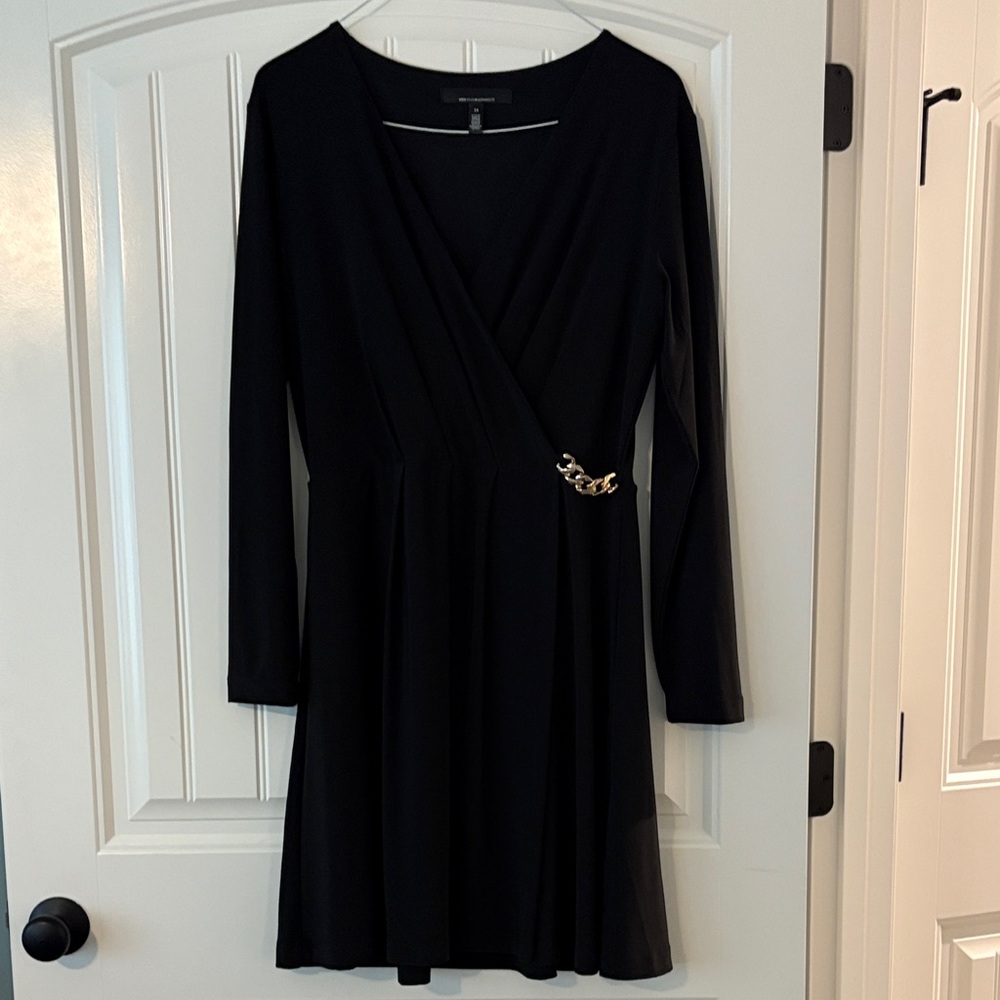 White House Black Market Black Wrap Dress with Gold Chain Detail Sz 14